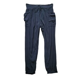 Aerie Womens Large Jogger Pants Black Smocked Waist Cotton Viscose Crinkle Gauze